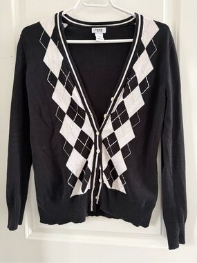 Izod Women's Black Argyle Button Cardigan Sweater
